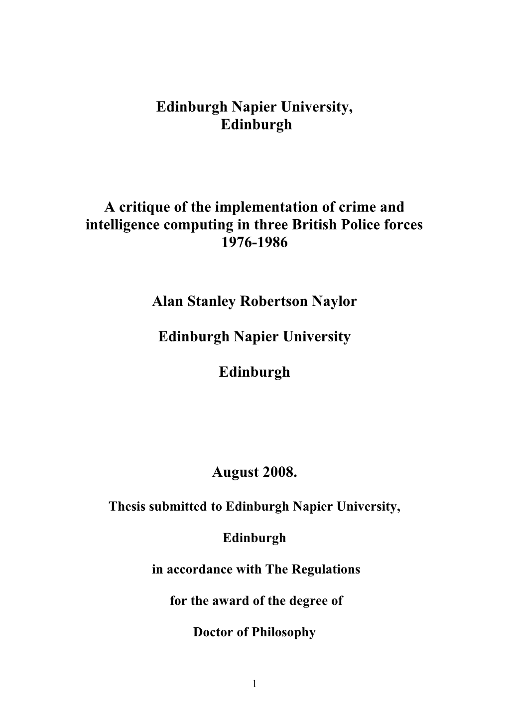 Submitted To Napier University In Accordance With The Regulations For The Award Of