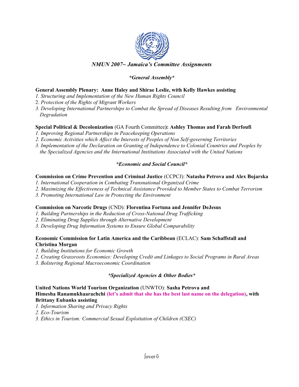 NMUN 2007 Jamaica S Committee Assignments