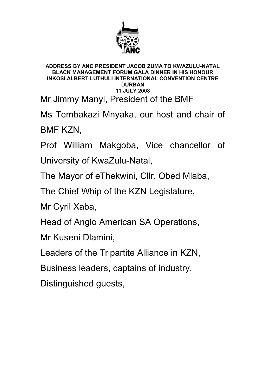 Address by the Anc President Mr Jacob Zuma to Kwazulu-Natal Black Management Forum Dinner