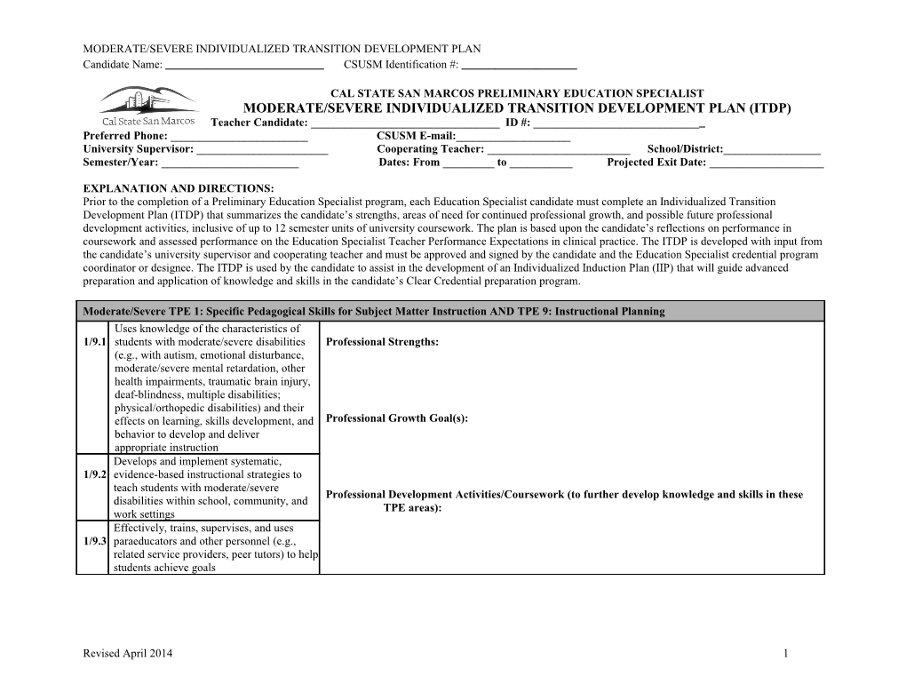 Moderate/Severe Individualized Transition Development Plan