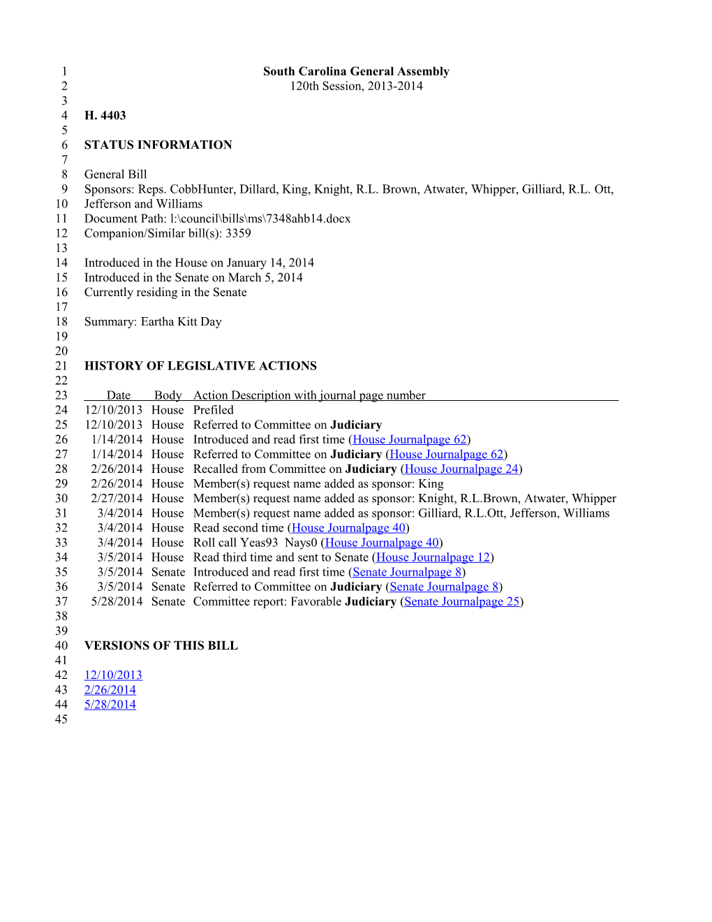 2013-2014 Bill 4403: Eartha Kitt Day - South Carolina Legislature Online