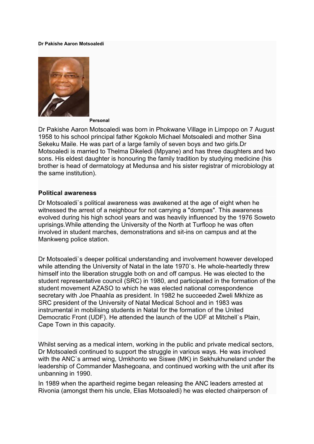 Dr Pakishe Aaron Motsoaledi