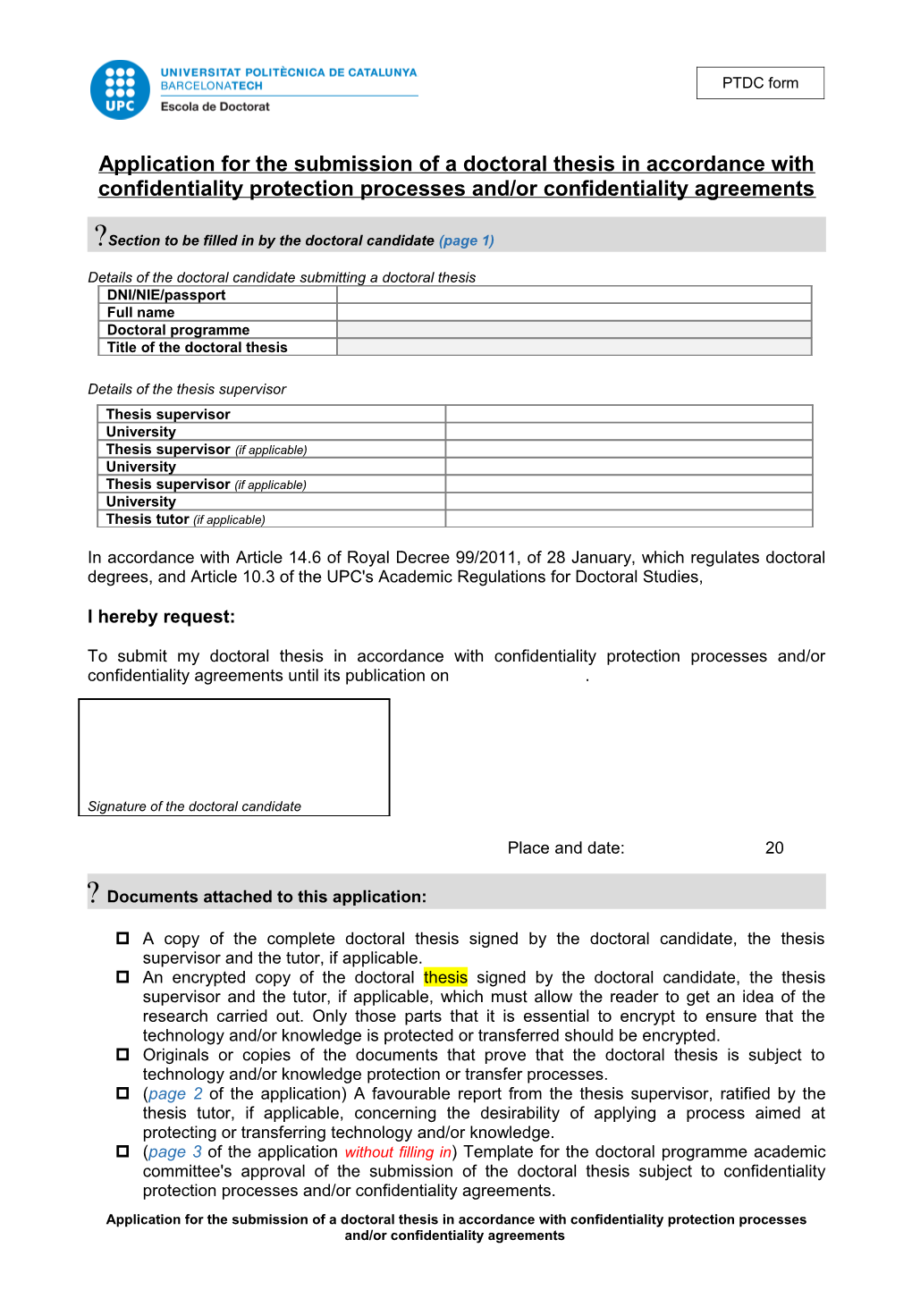 Application for the Submission of a Doctoral Thesis in Accordance with Confidentiality