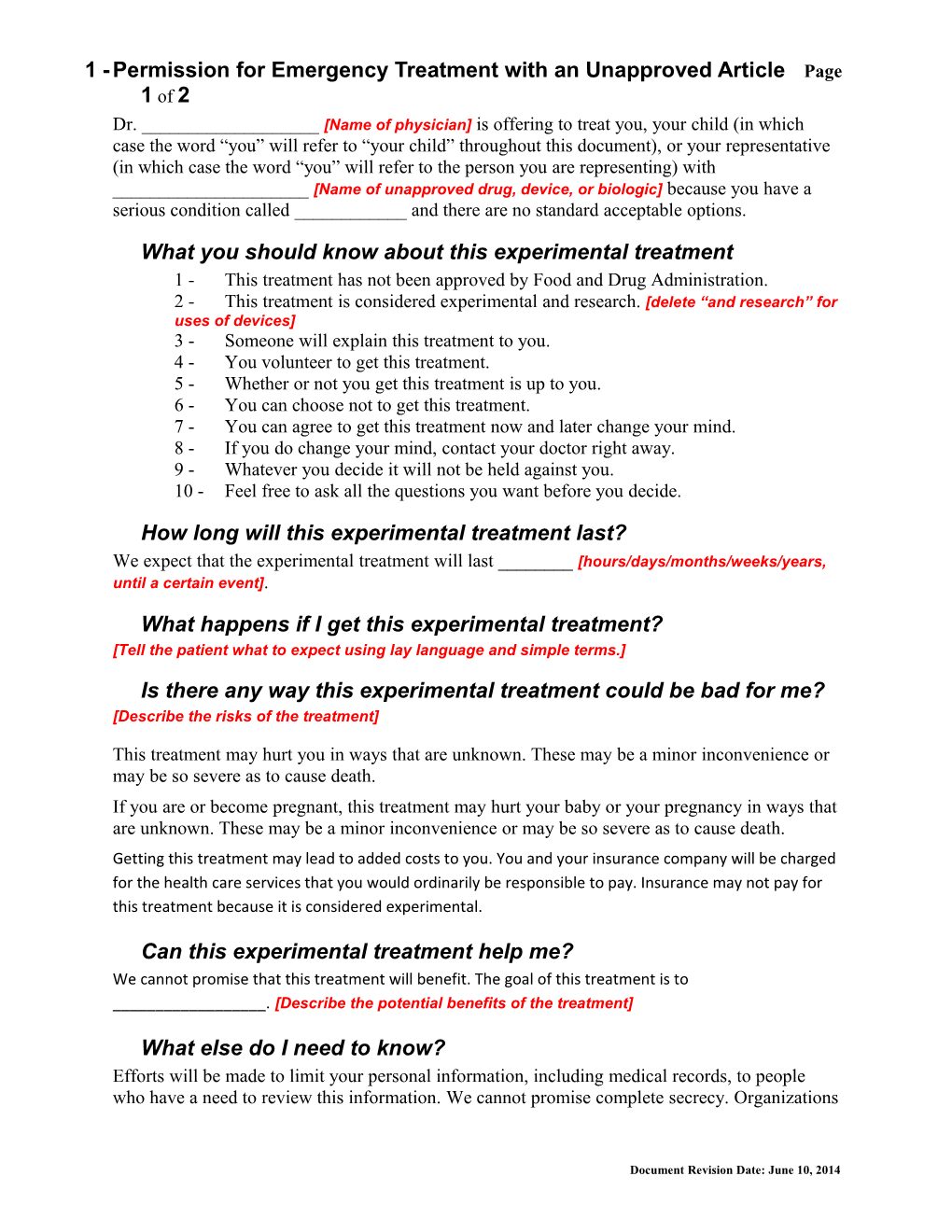 Permission for Emergency Treatment with an Unapproved Article Page 1 of 1
