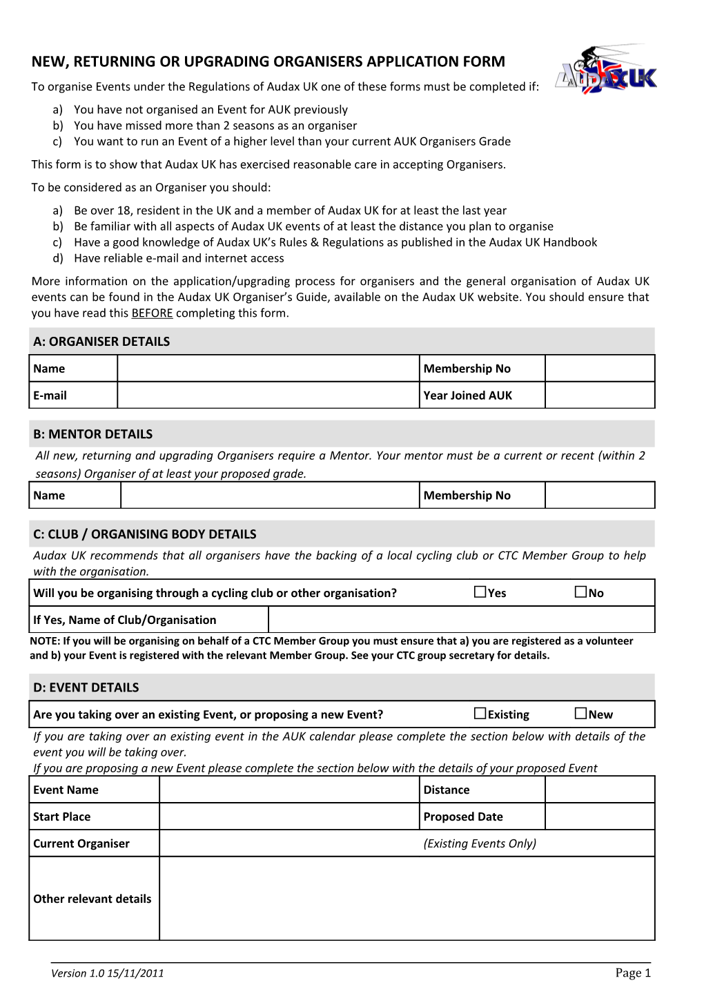 New, Returning Or Upgrading Organisers Application Form