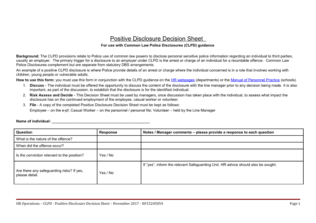 Positive Disclosure Decision Sheet DRAFT REVISION
