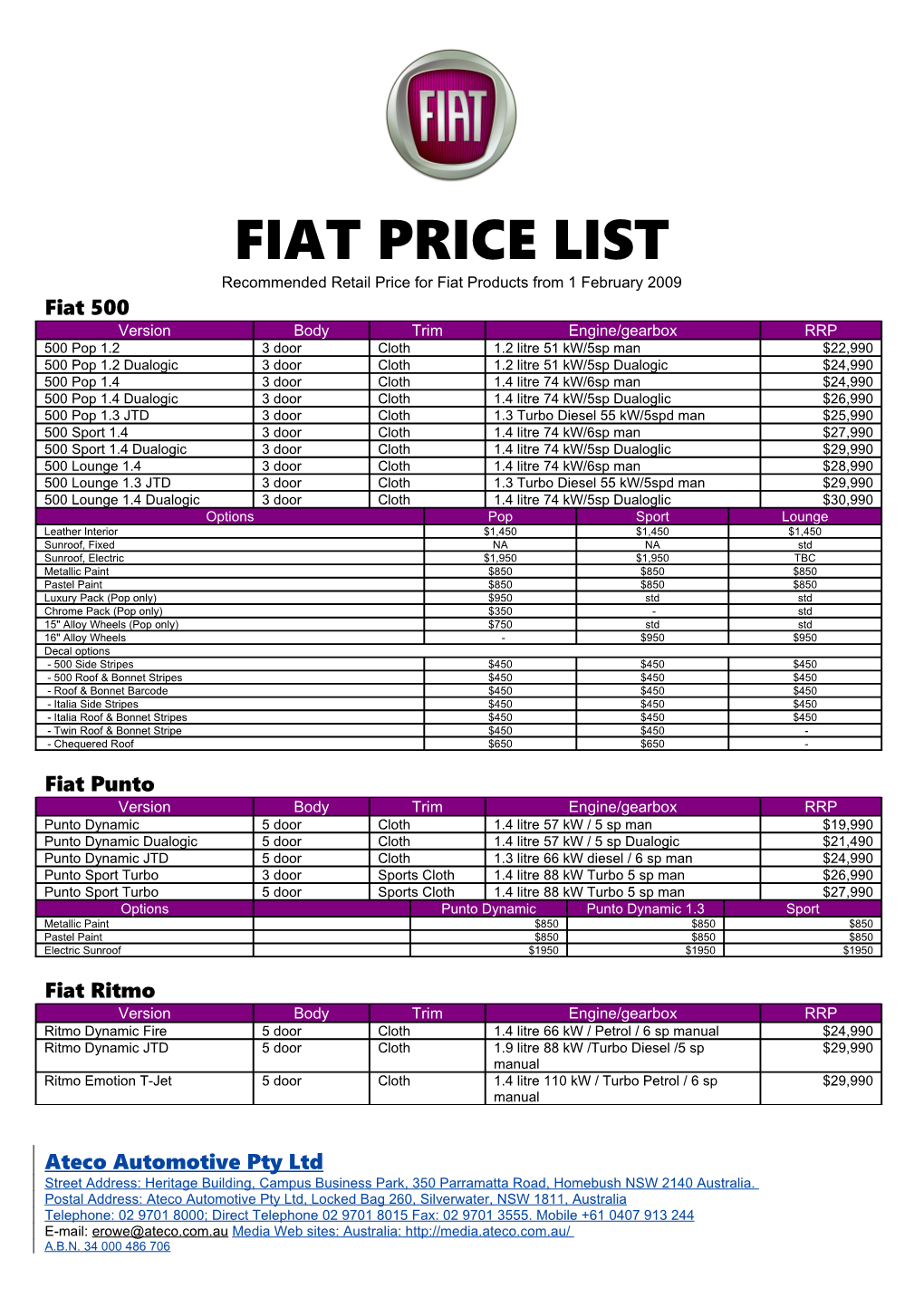 Recommended Retail Price for Fiat Products from 1 February 2009
