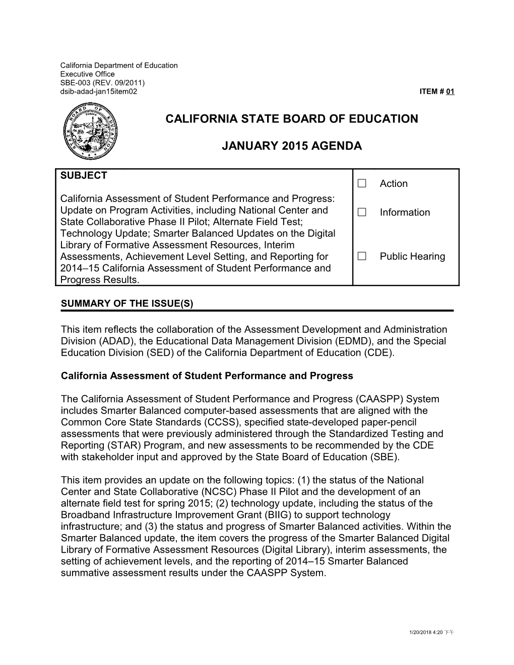 January 2015 Agenda Item 01 - Meeting Agendas (CA State Board of Education)
