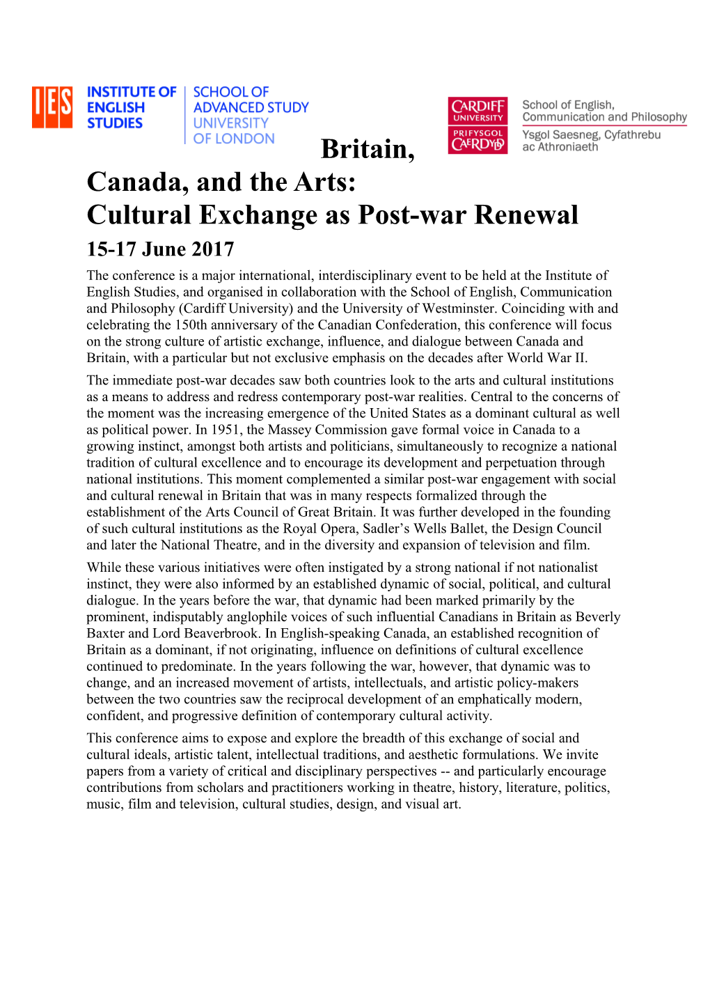 Britain, Canada, and the Arts: Cultural Exchange As Post-War Renewal