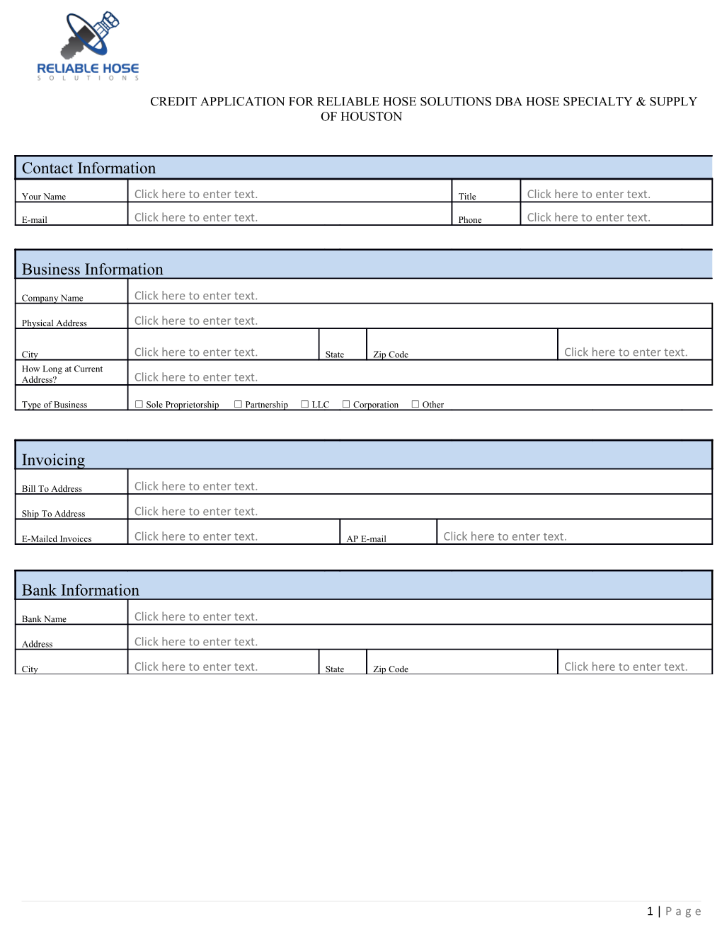 Credit Application for Reliable Hose Solutions Dba Hose Specialty & Supply of Houston