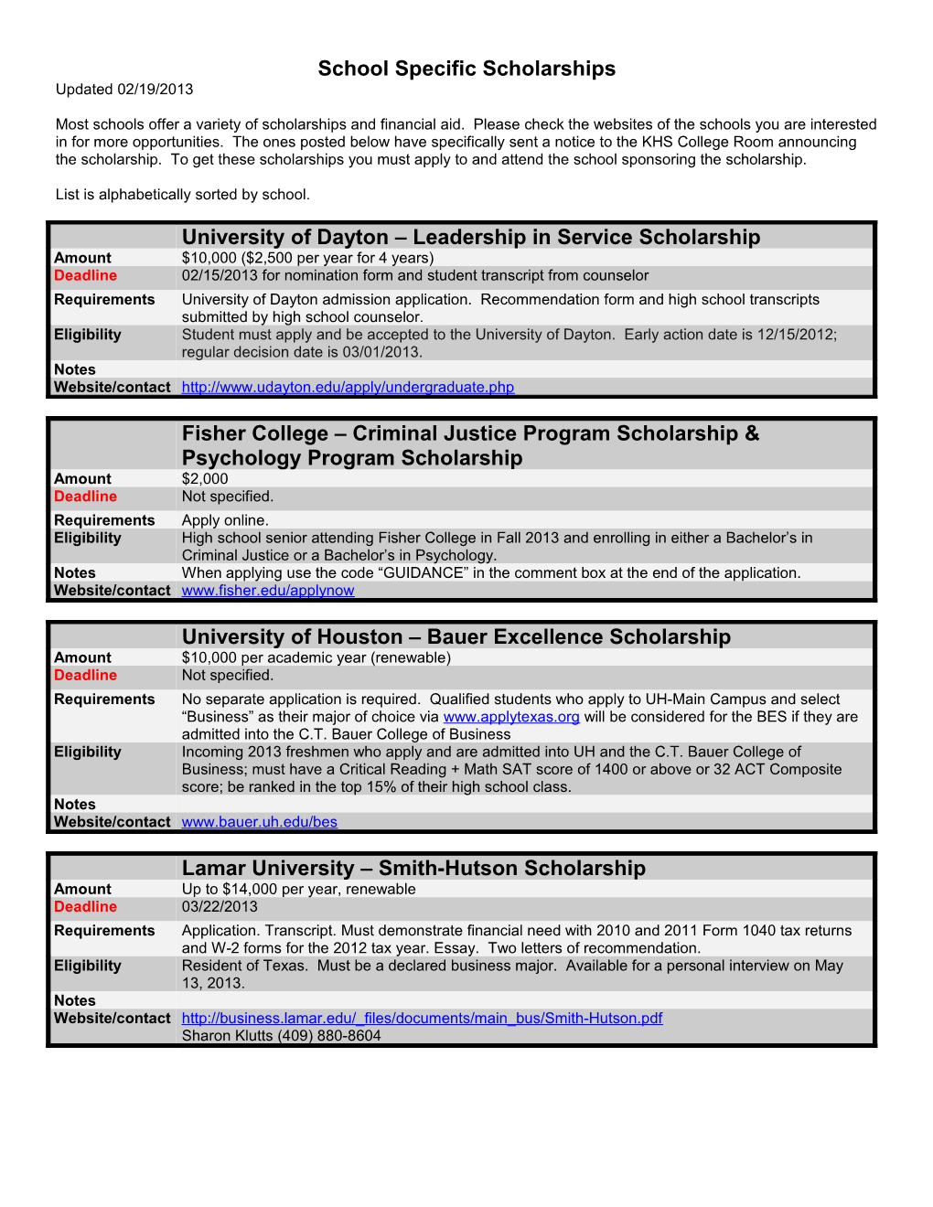 School Specific Scholarships s1