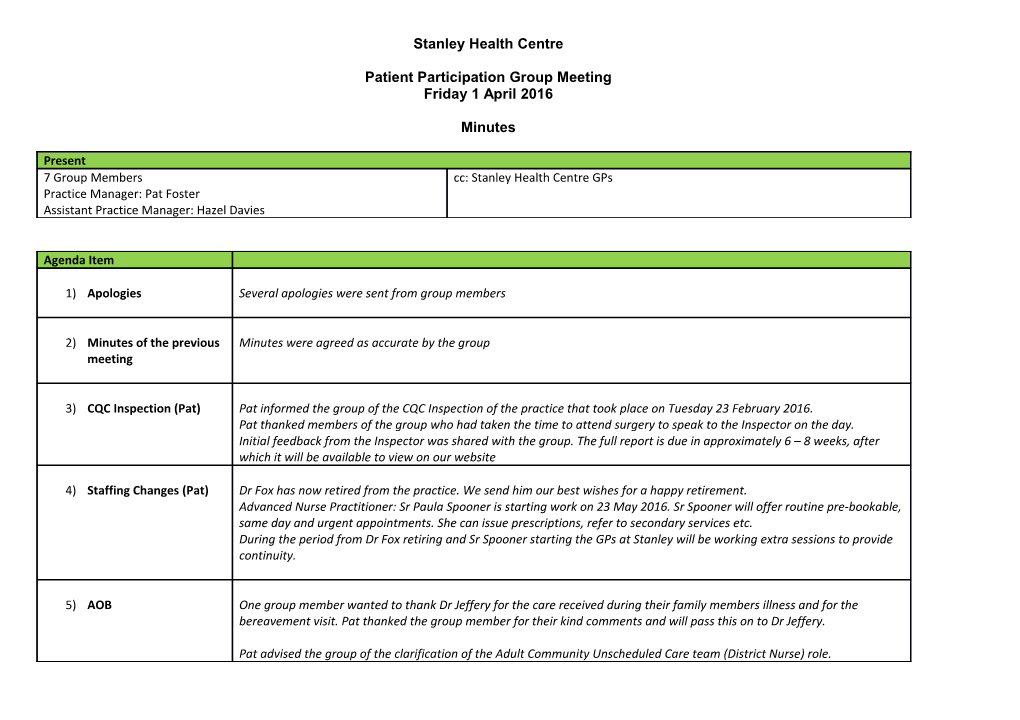 Patient Participation Group Meeting