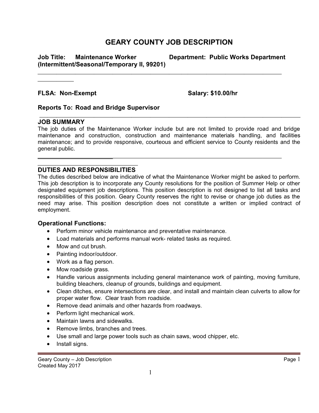 Job Title:Maintenance Workerdepartment: Public Works Department