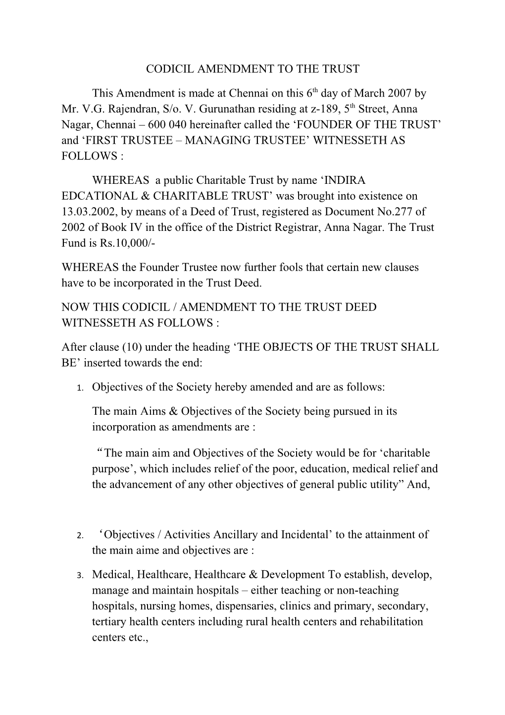 Codicil Amendment to the Trust