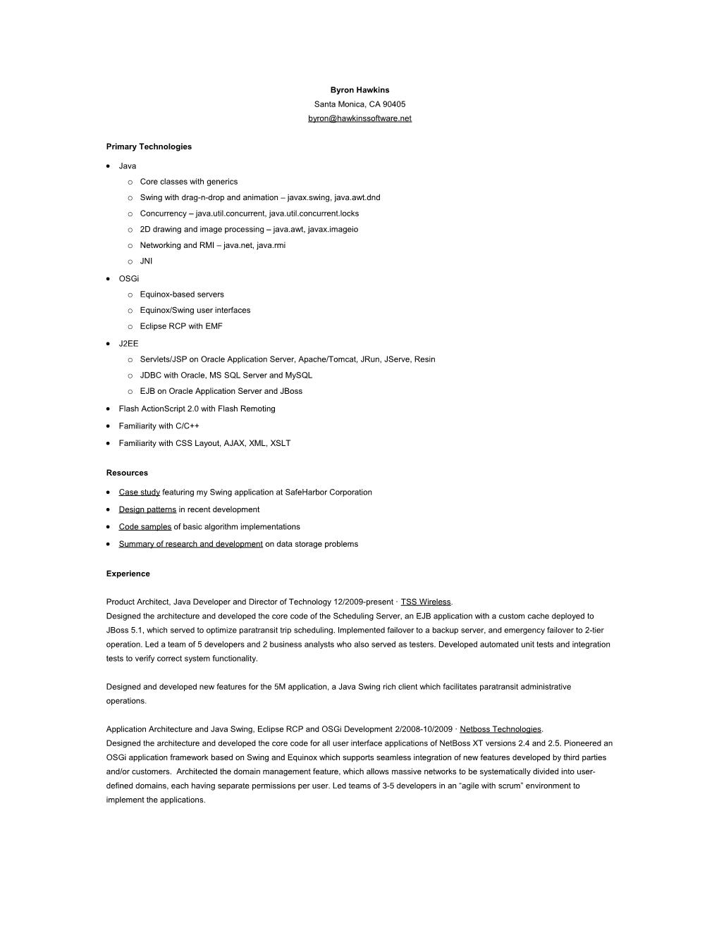Java Developer Resume - Byron Hawkins