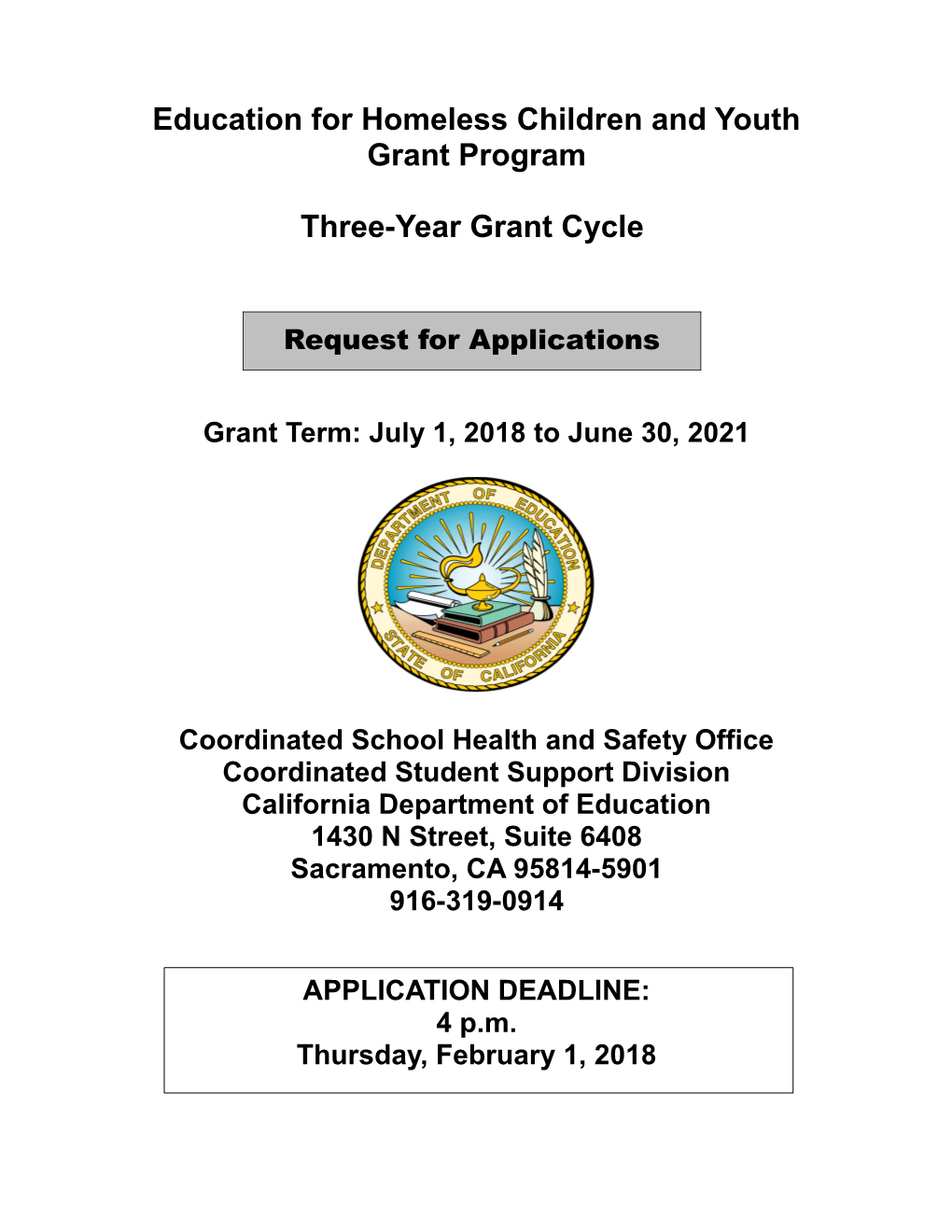 RFA-18: EHCY Request for Applicaitons (CA Dept of Education)
