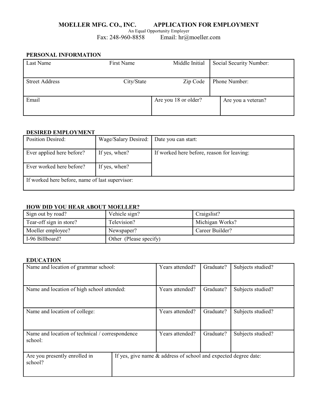 Moeller Mfg. Co., Inc. Application for Employment