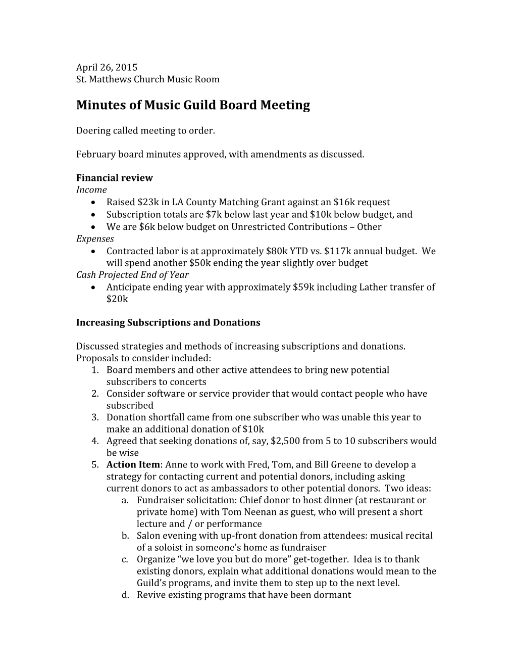 Minutes of Music Guild Board Meeting