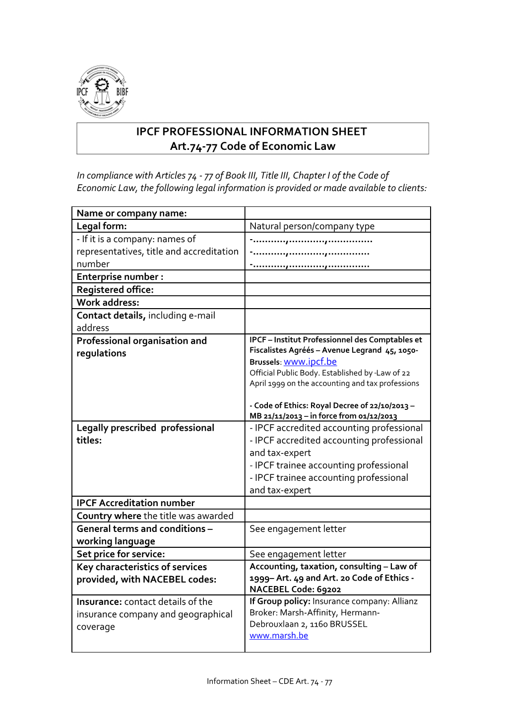 Ipcf Professional Information Sheet