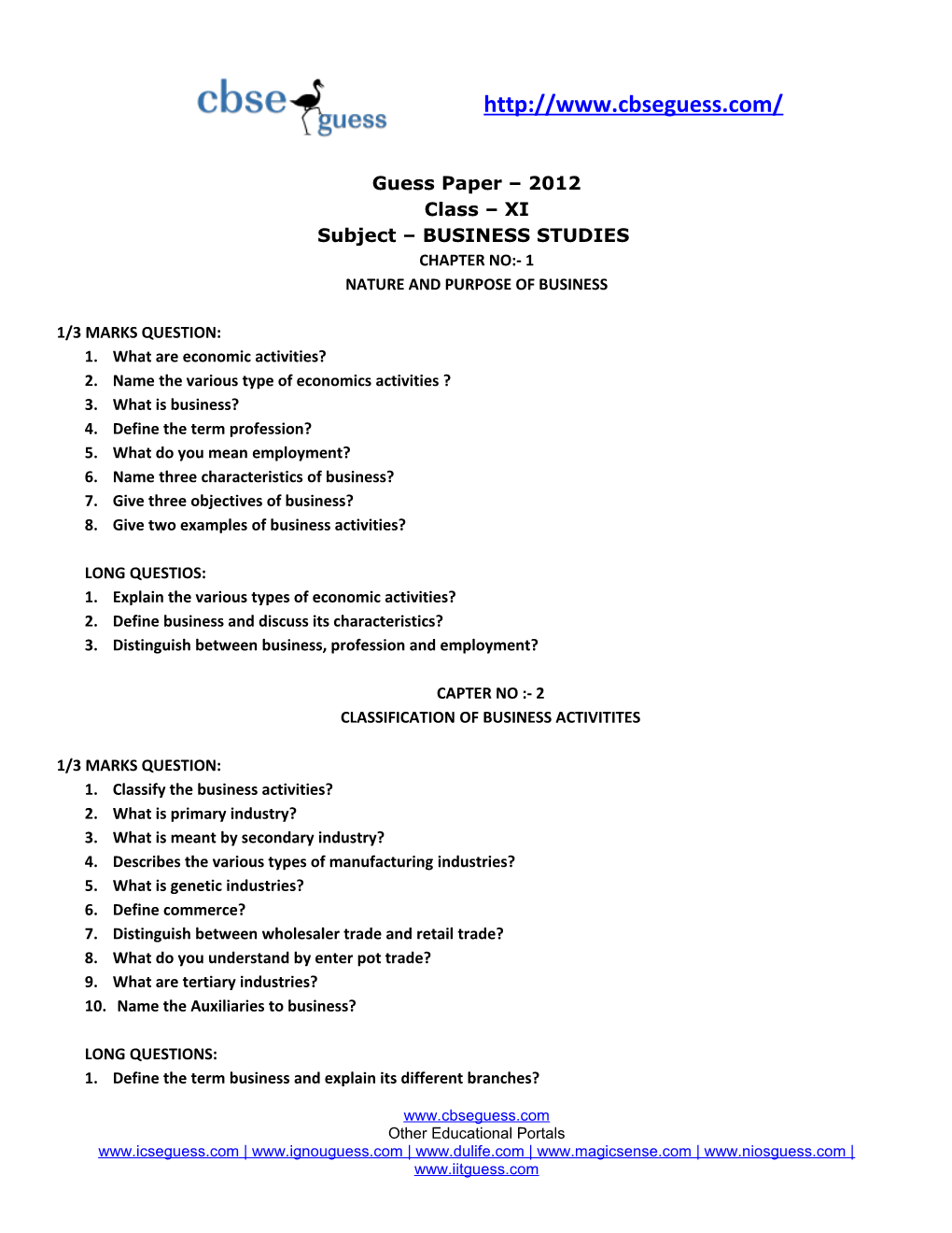 Guess Paper 2012 Class XI Subject BUSINESS STUDIES