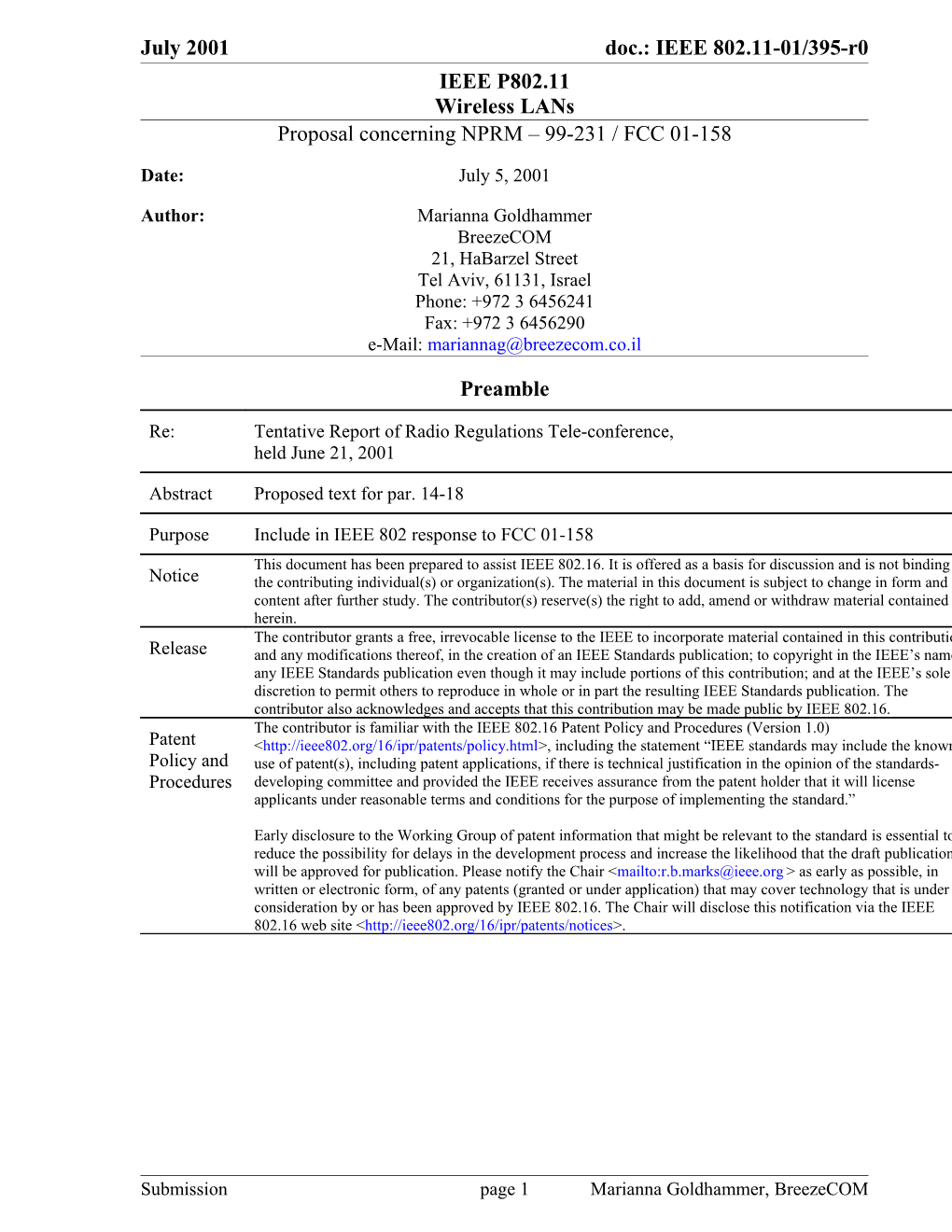 Proposal Concerning NPRM 99-231 / FCC 01-158