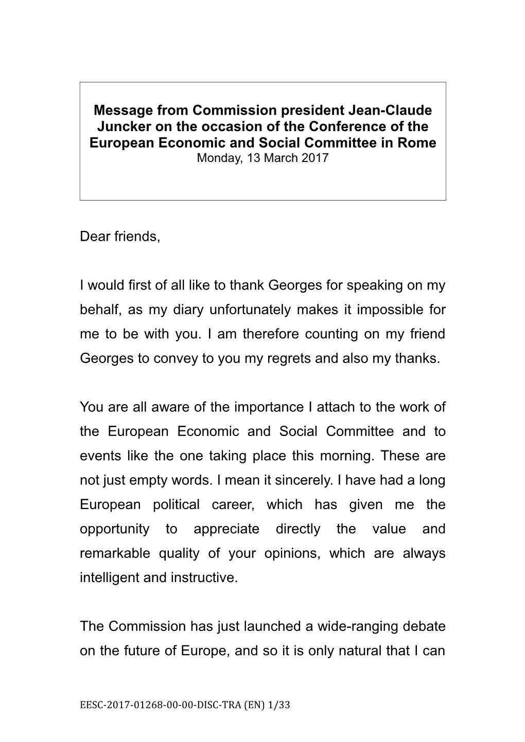 Message from Jean-Claude Juncker - Rome