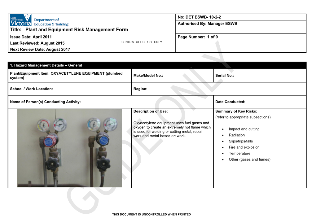 Plant and Equipment Risk Management Form - Plumbed Oxy-Acetylene Equipment