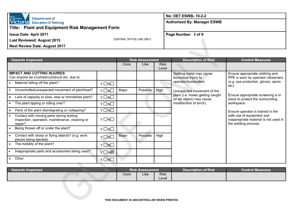 Plant and Equipment Risk Management Form - Plumbed Oxy-Acetylene Equipment