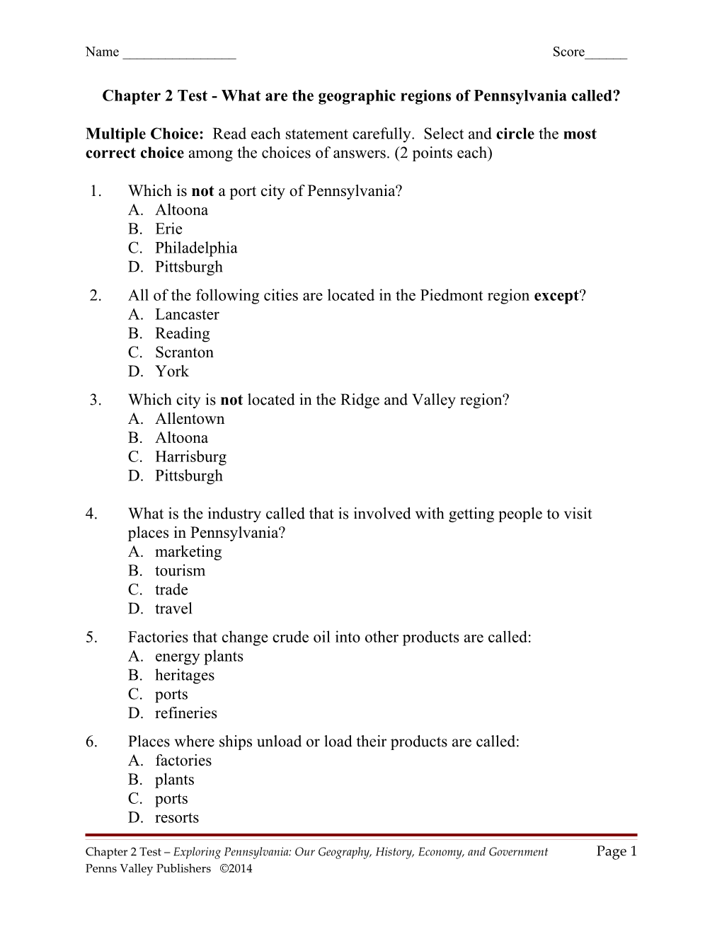 Chapter 2 Test - What Are the Geographic Regions of Pennsylvania Called?