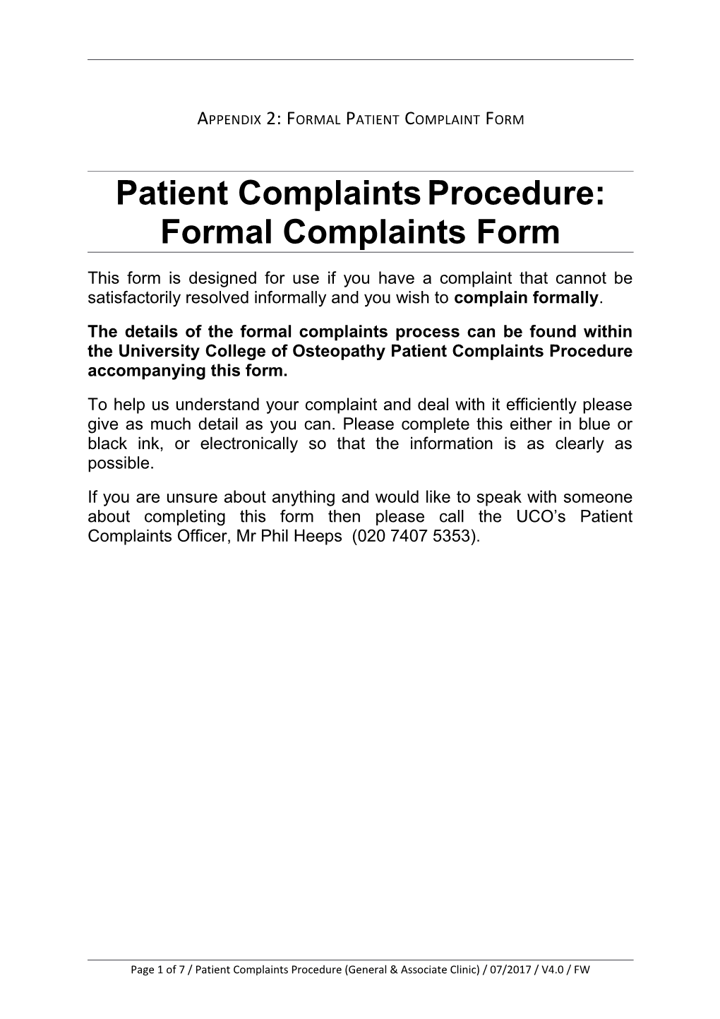 Appendix 2: Formal Patient Complaint Form