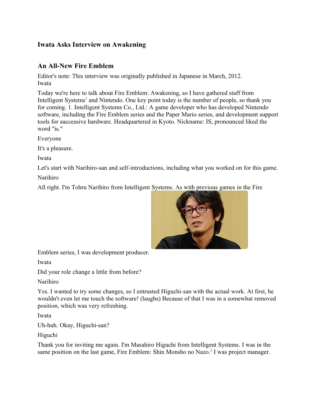 Iwata Asks Interview on Awakening