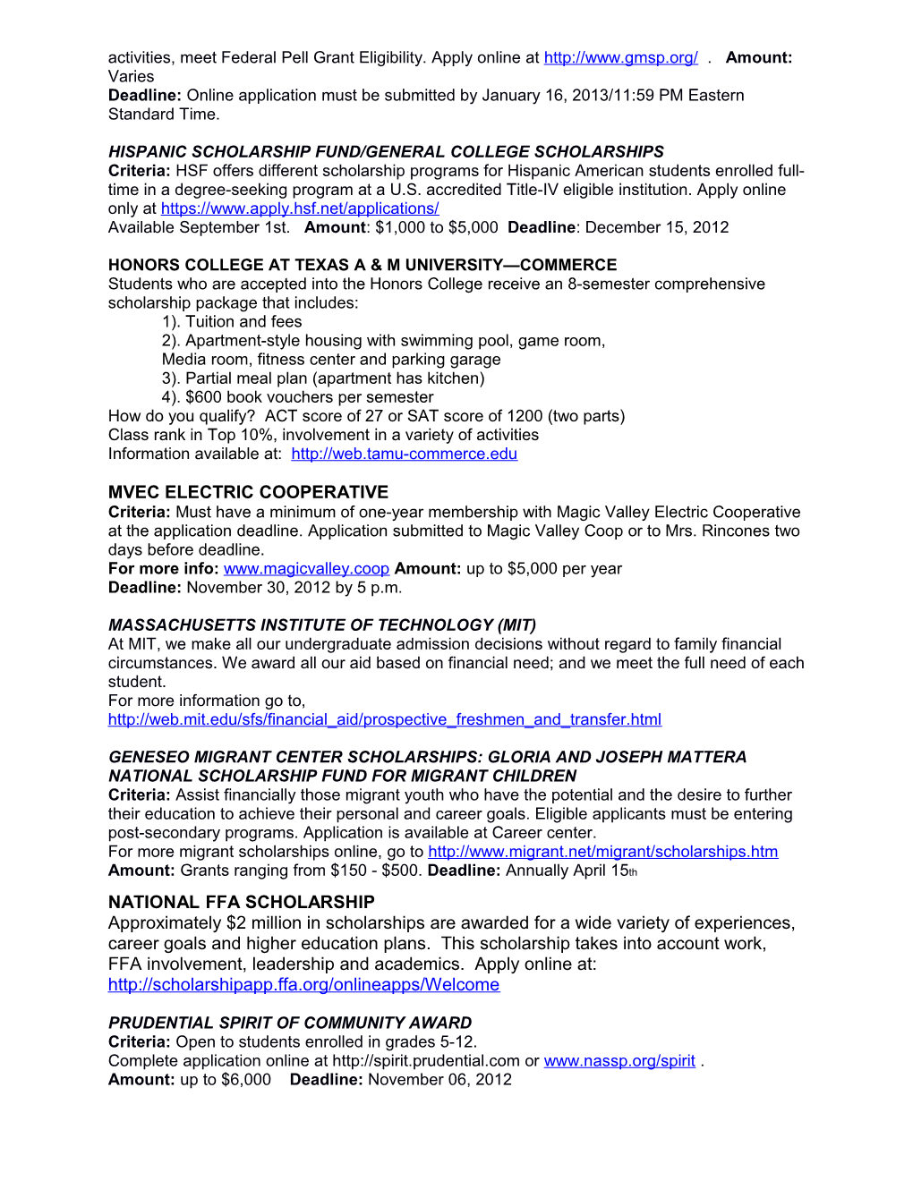 Lyford High School November 2012 Scholarship Bulletin