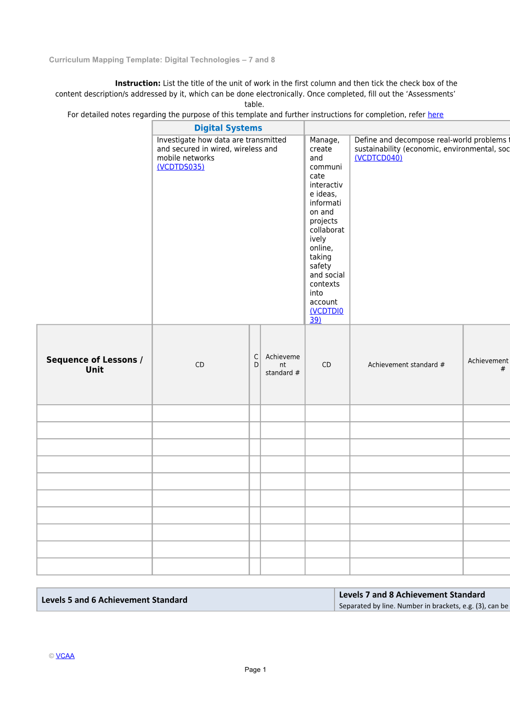 Curriculum Mapping Template: Digital Technologies 7 and 8