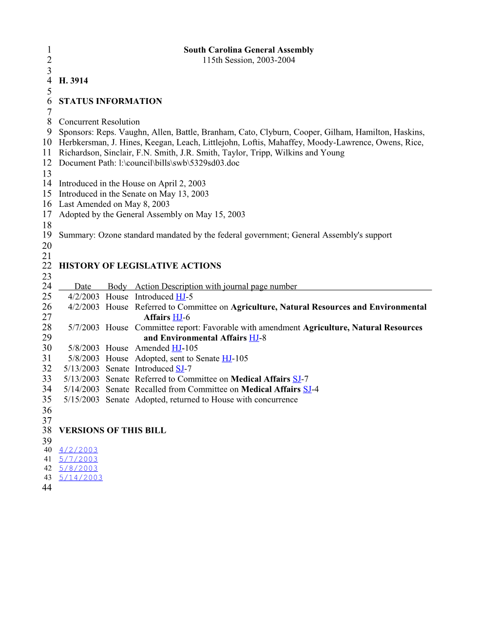 2003-2004 Bill 3914: Ozone Standard Mandated by the Federal Government; General Assembly's