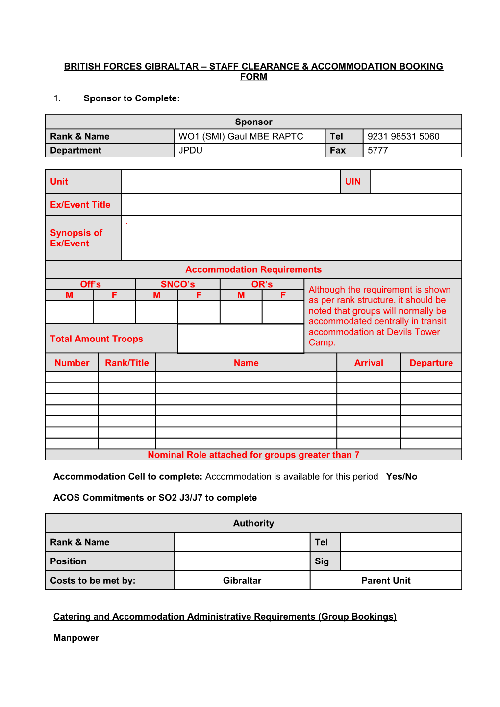 British Forces Gibraltar Staff Clearance & Accommodation Booking Form