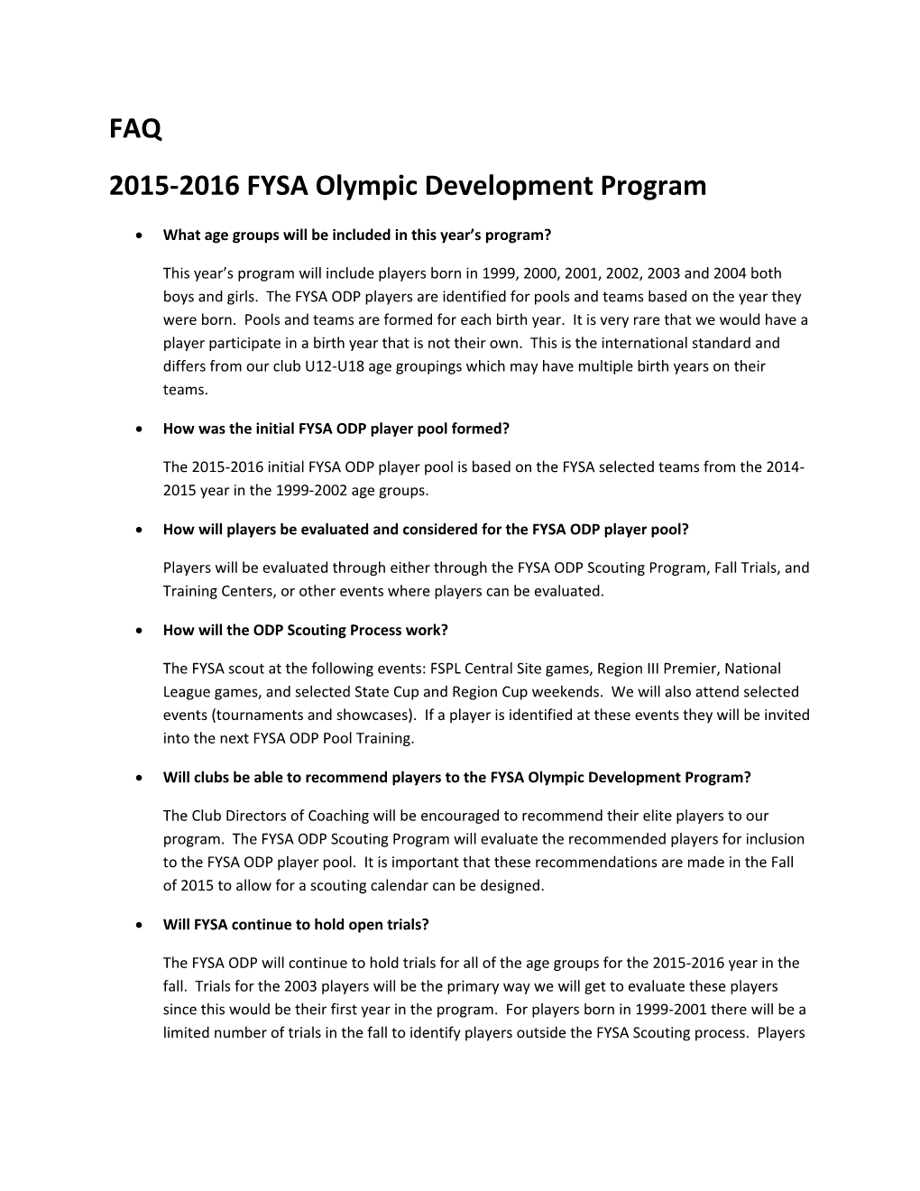 2015-2016 FYSA Olympic Development Program