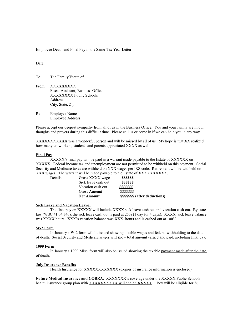 Employee Death and Final Pay in the Same Tax Year Letter