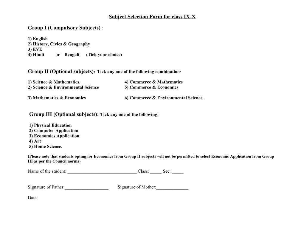 Subject Selection Form for Class IX-X