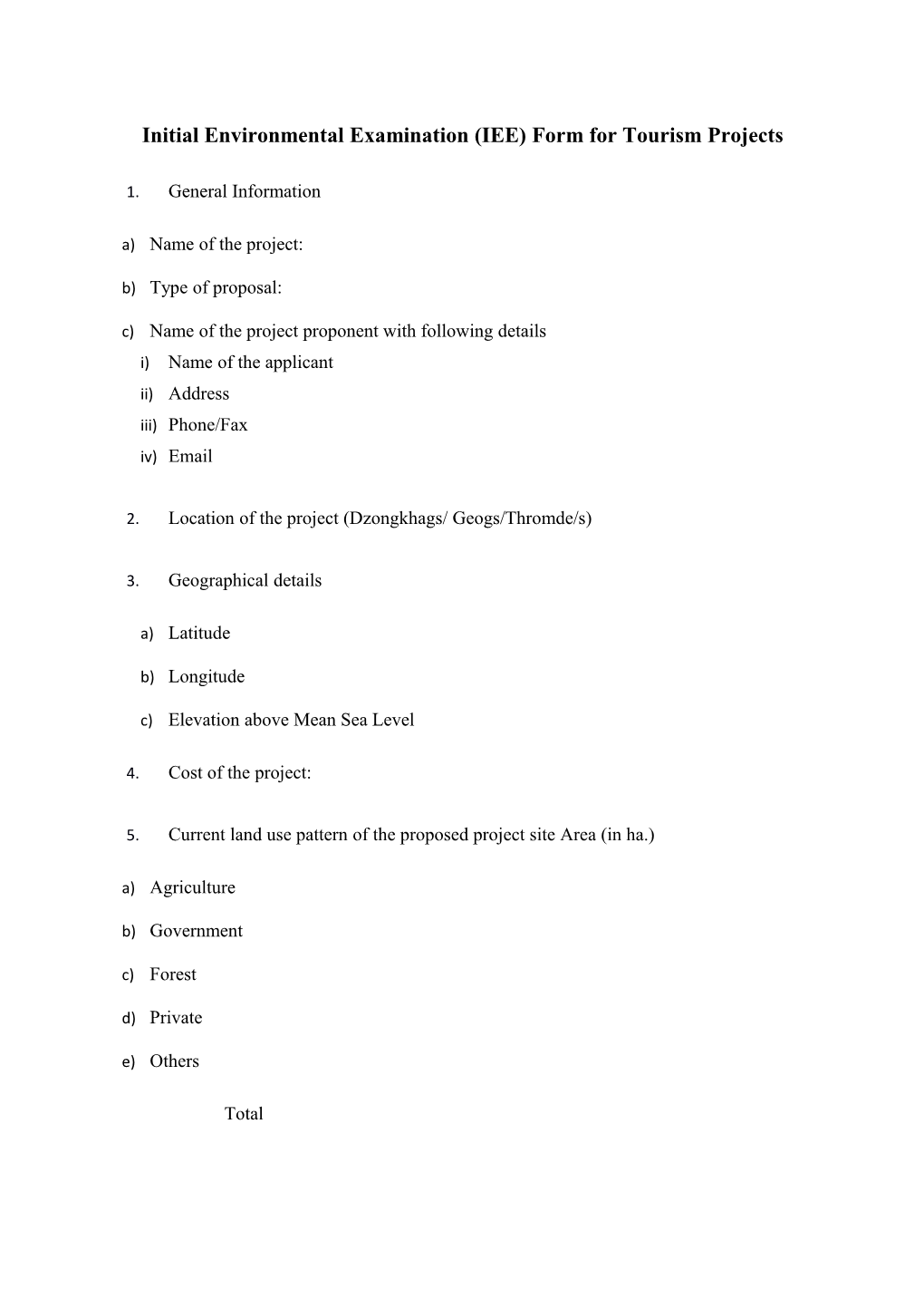 Initial Environmental Examination (IEE) Form for Tourism Projects