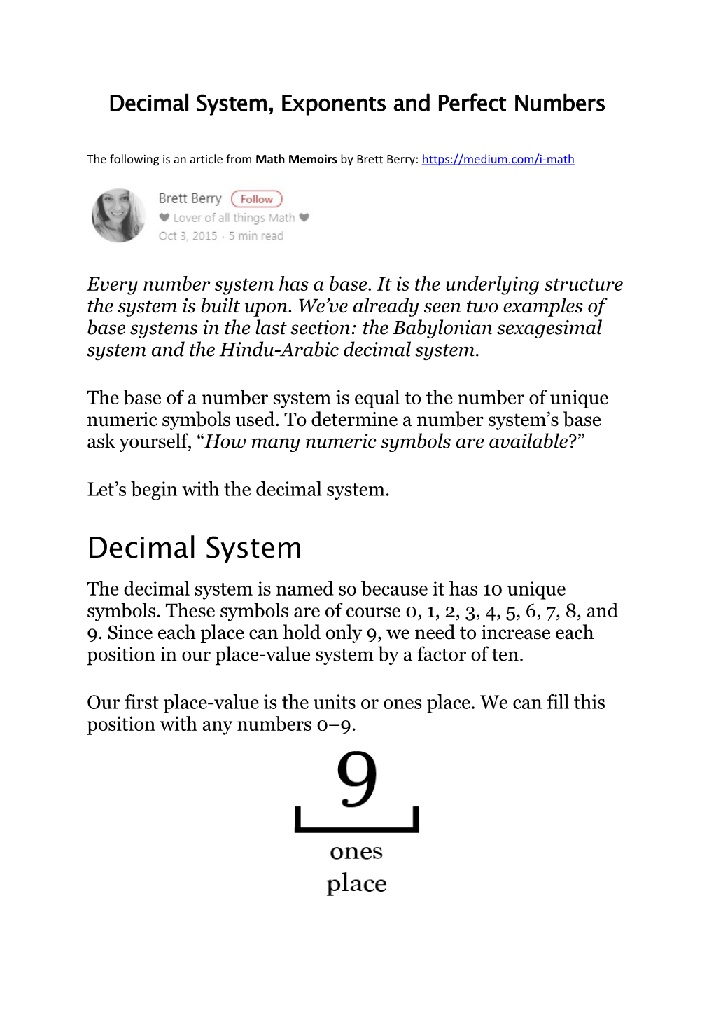 Decimal System, Exponents and Perfectnumbers