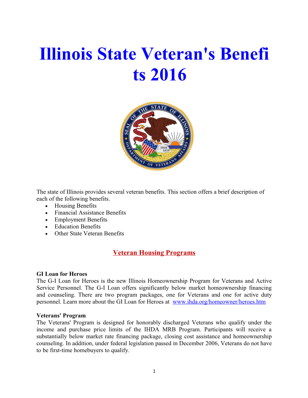 Illinois State Veteran's Benefits 2016