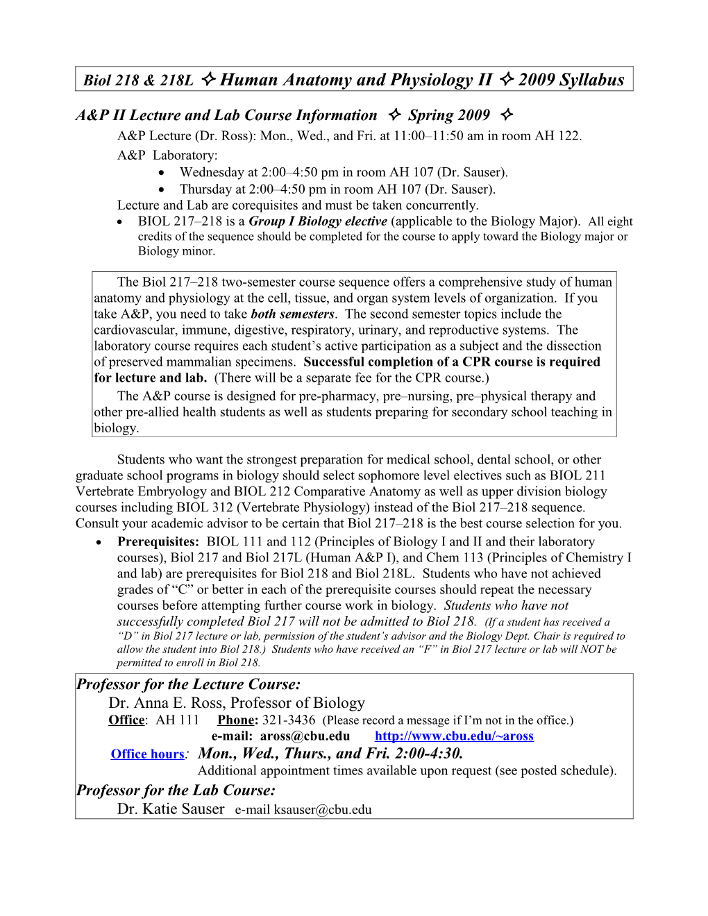 Biol 218 Anatomy and Physiology II Lab Syllabus