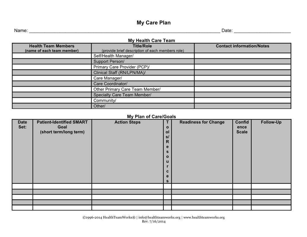 Care Plan Worksheet