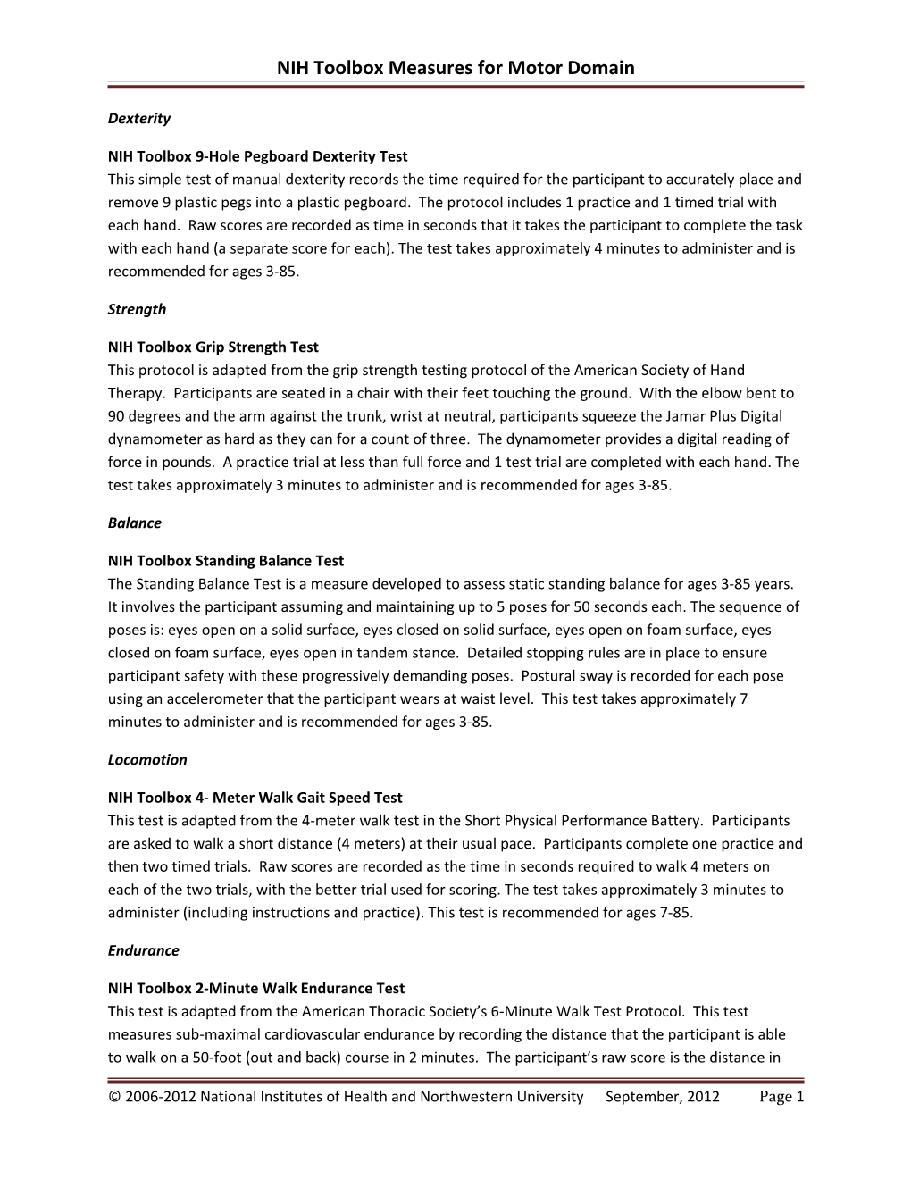 NIH Toolbox Measures for Motor Domain