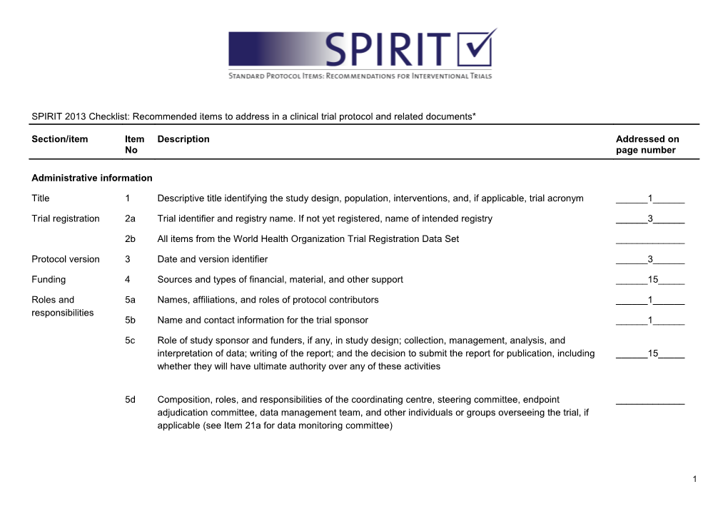 Table 1 SPIRIT 2013 Checklist: Recommended Items to Address in a Clinical Trial Protocol s2