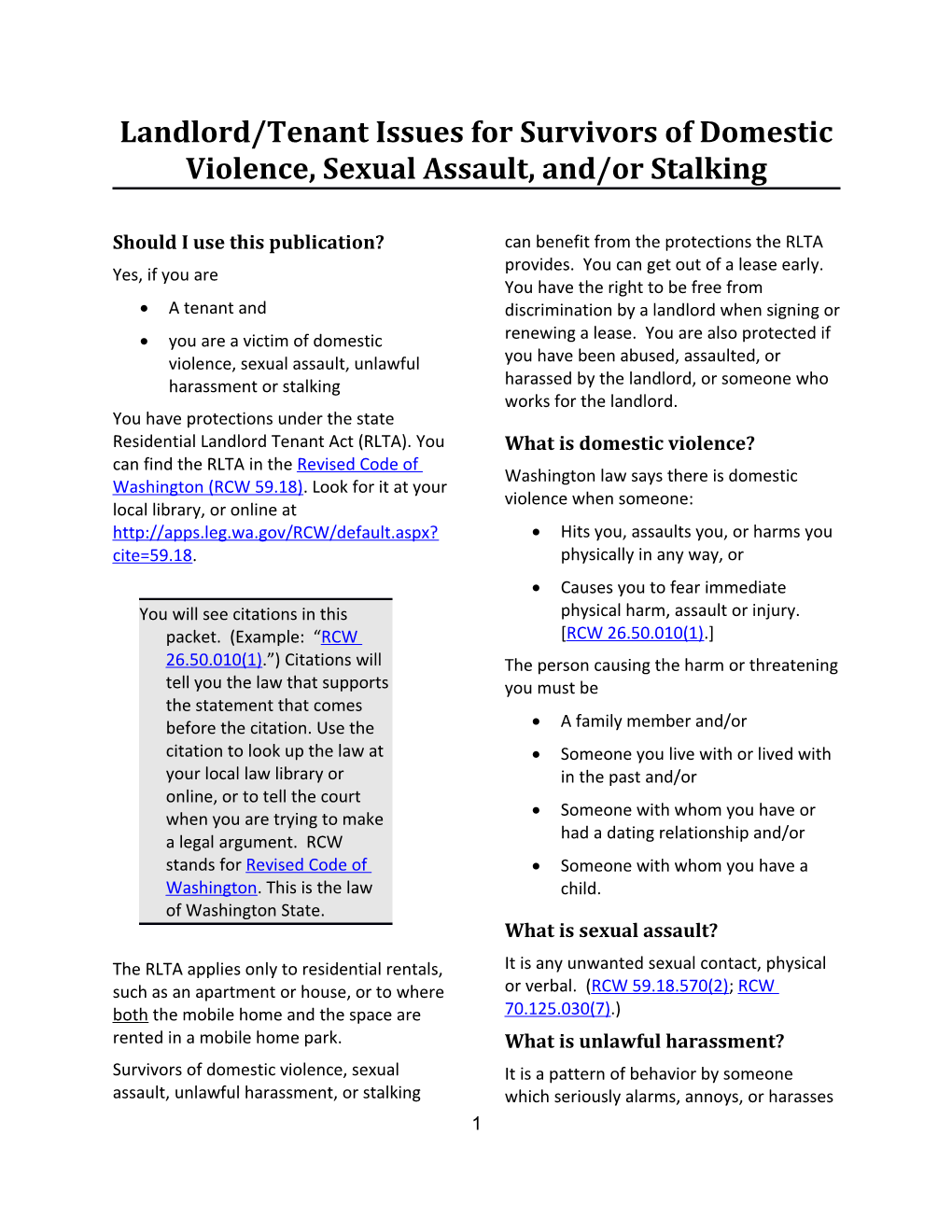 Landlord/Tenant Issues for Survivors of Domestic Violence, Sexual Assault, And/Or Stalking