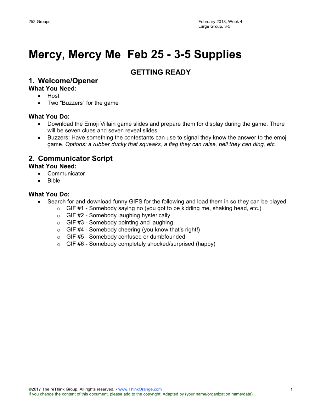 Mercy, Mercy Me Feb 25 - 3-5 Supplies