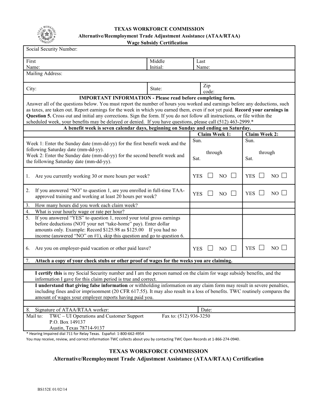 Form BS 152E: Trade Adjustment Assistance (RTAA) Wage Subsidy Certification s1