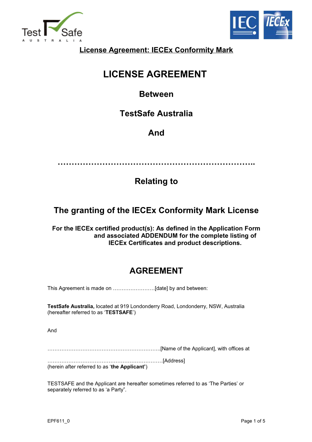 License Agreement: Iecex Conformity Mark