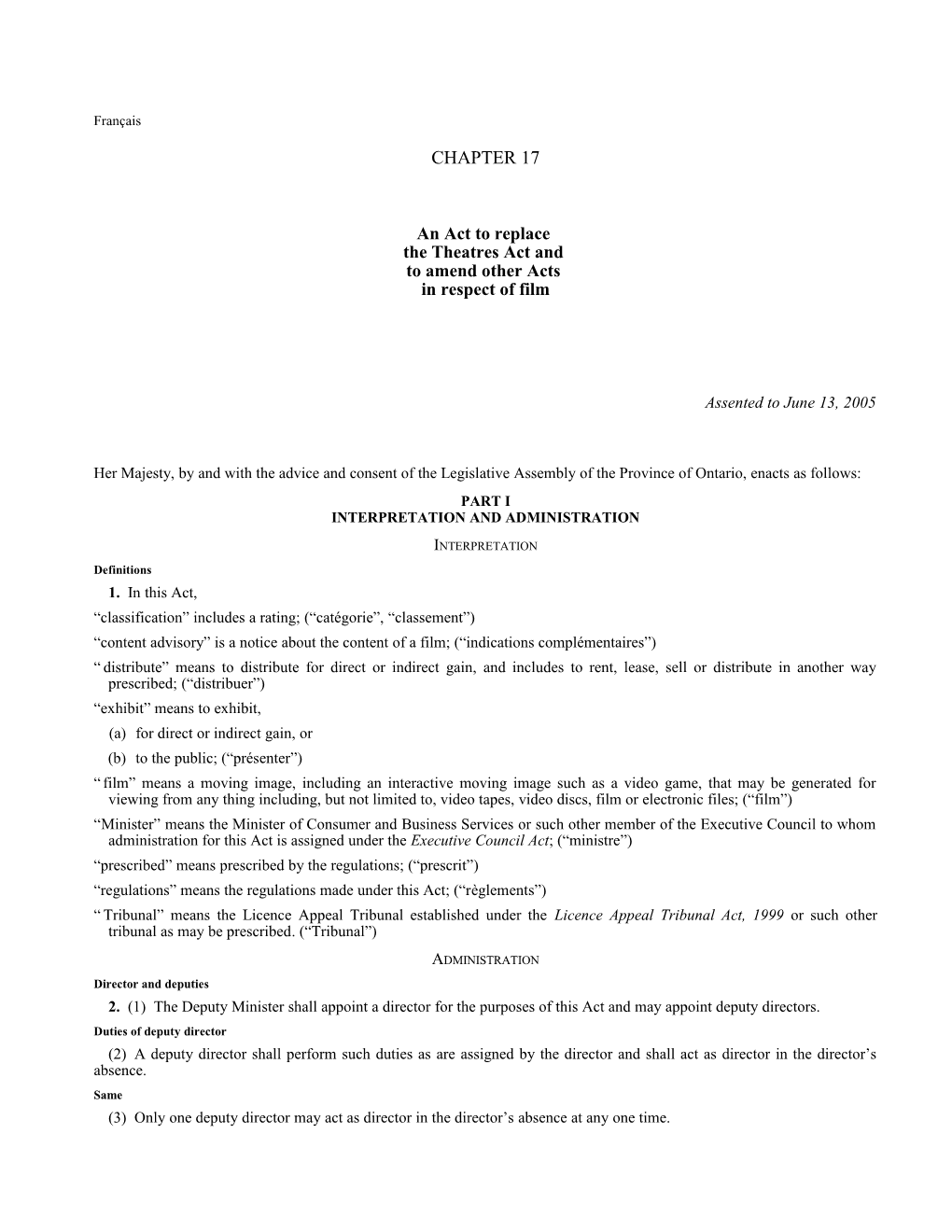 Film Classification Act, 2005, S.O. 2005, C. 17 - Bill 158